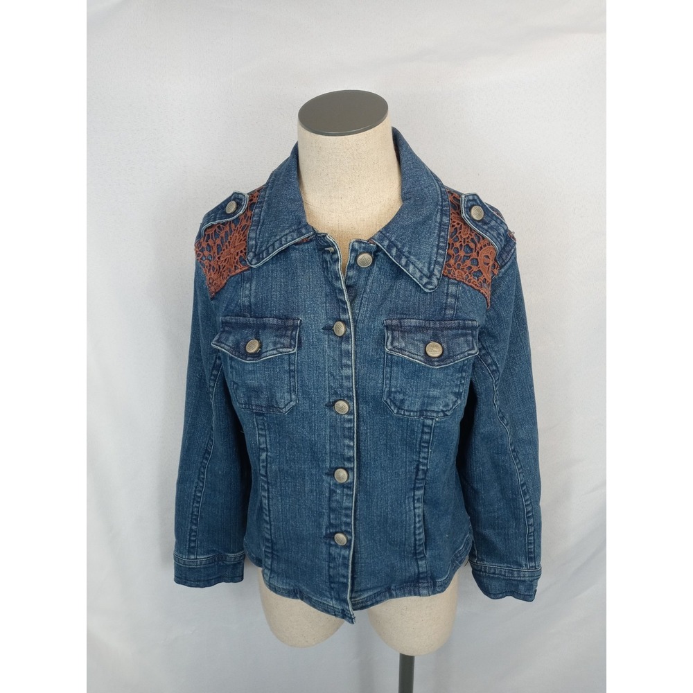 LAL Denim Jacket Size M – Medium Wash Button Front Lace Shoulder Detail